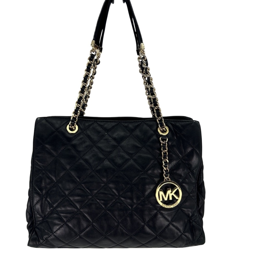 Michael Kors Black Quilted Leather Tote Bag Gold Chain Shoulder Bag MK Charm‎